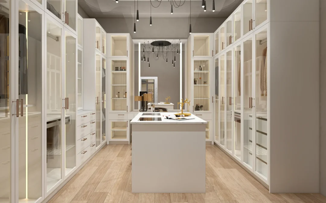 A wide shot of a luxury walk-in closet with an island and LED lighting.